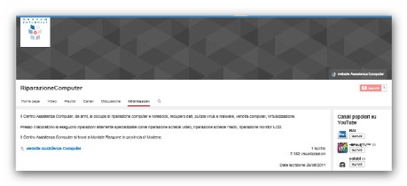 Informazioni relative all'azienda all'interno del canale Youtube